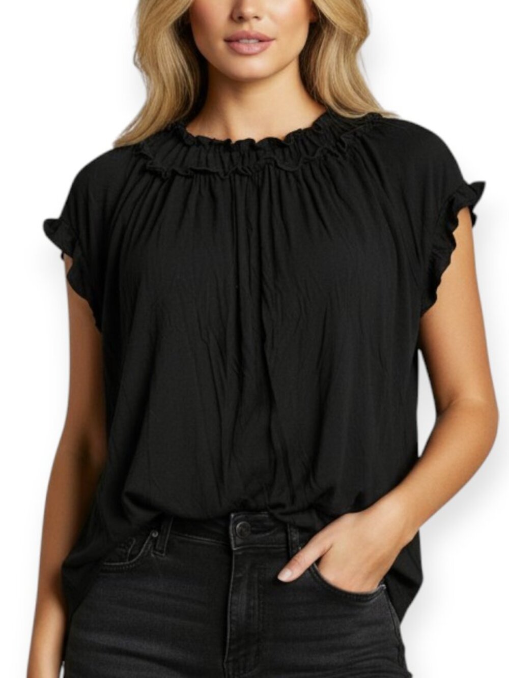 Halogen Ruffle Neck Blouse Women’s Small Black Short Sleeve Pleated Top
